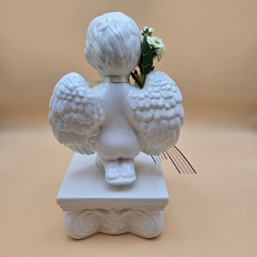 Vintage White Ceramic Rotating Cherub Angel Figurine on Pedestal with Flowers - Picture 5 of 16